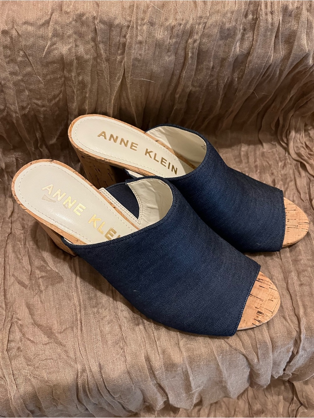 Anne Klein Navy Open-Toe Cork Mules